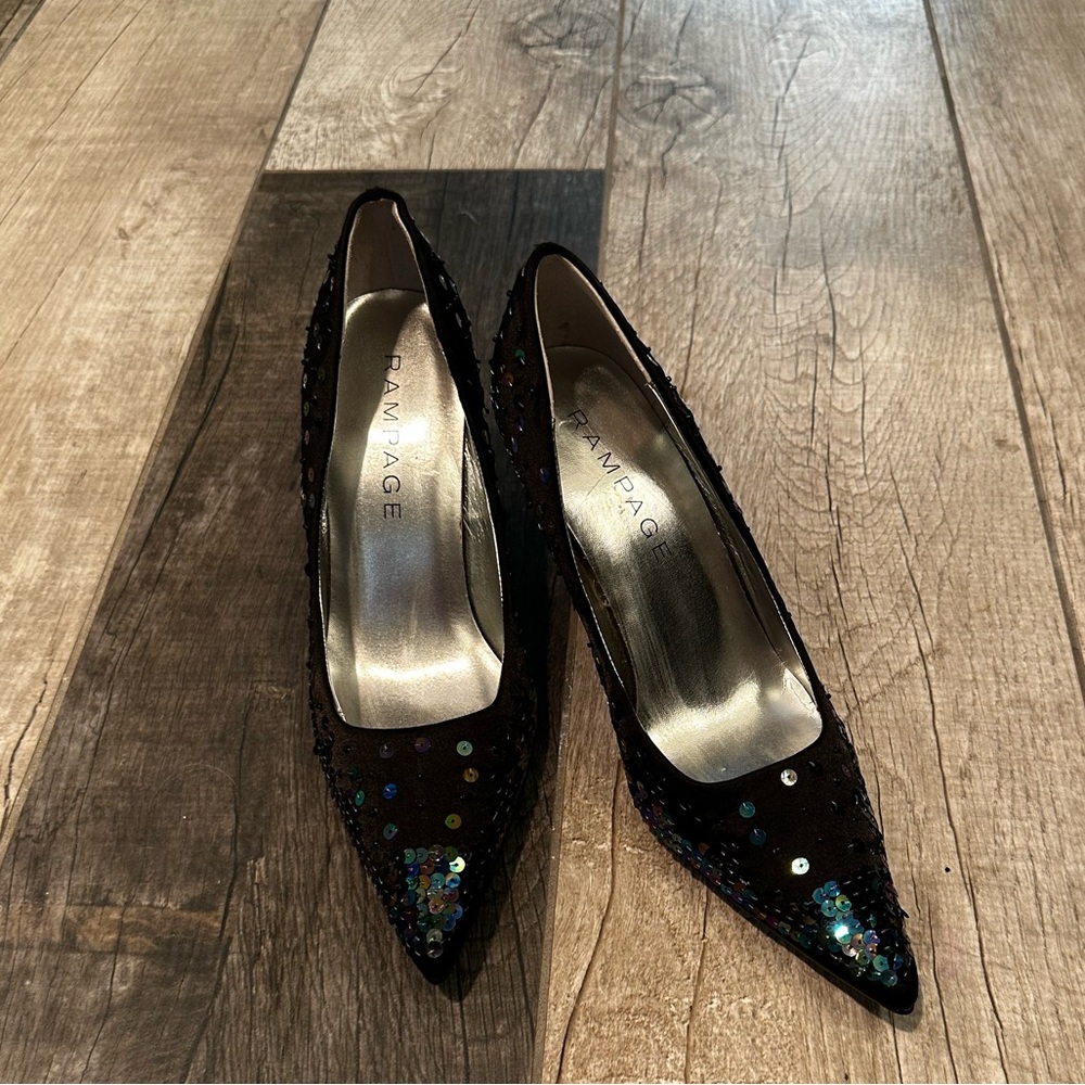 NWOT Rampage Gorgeous Black with Multicolor Sequin High Heel Pointed Shoes - Picture 6 of 17